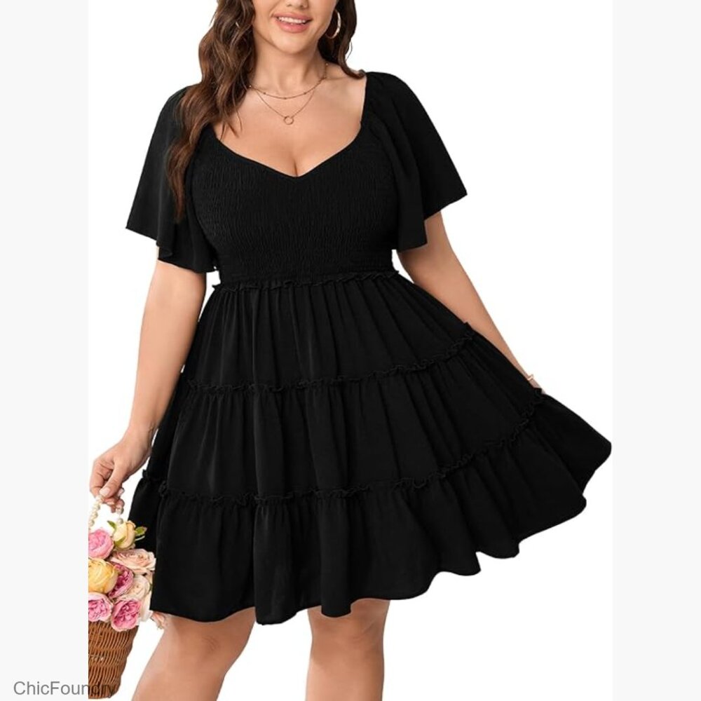 Plus Size Mini Dress Sweetheart Neckline Flutter Sleeve Smocked Tiered
